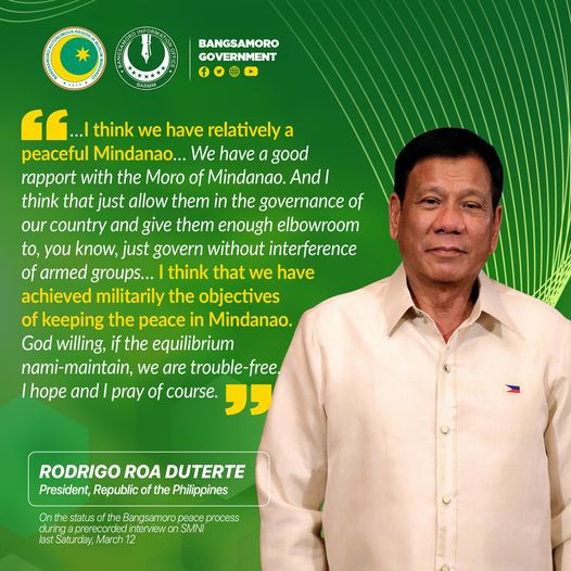 President Rodrigo Roa Duterte shared his insights on the Bangsamoro peace process during a prerecorded interview with SMNI last Saturday, March 12.