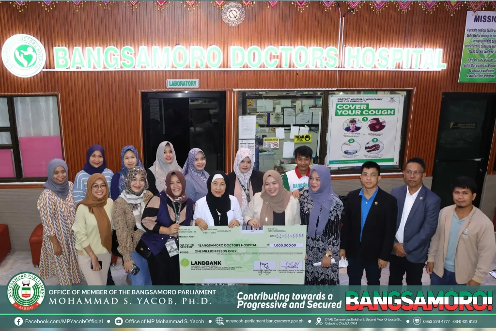 JUST IN| The Office of the Member of Parliament (MP) Mohammad S. Yacob, Ph.D., through its Medical Outreach Program (MOP) allocation under the Ministry of Health (MOH), has successfully turned over a Php1,000,000.00 worth of cheque intended for hospital assistance to Bangsamoro Doctors Hospital (BMDH) today, July 8, 2024, in Cotabato City.